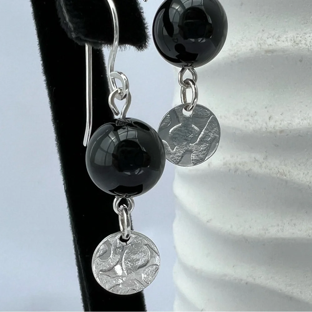 Artisan Black Onyx with Embossed Sterling Silver Disk Earrings - Picture 2 of 14